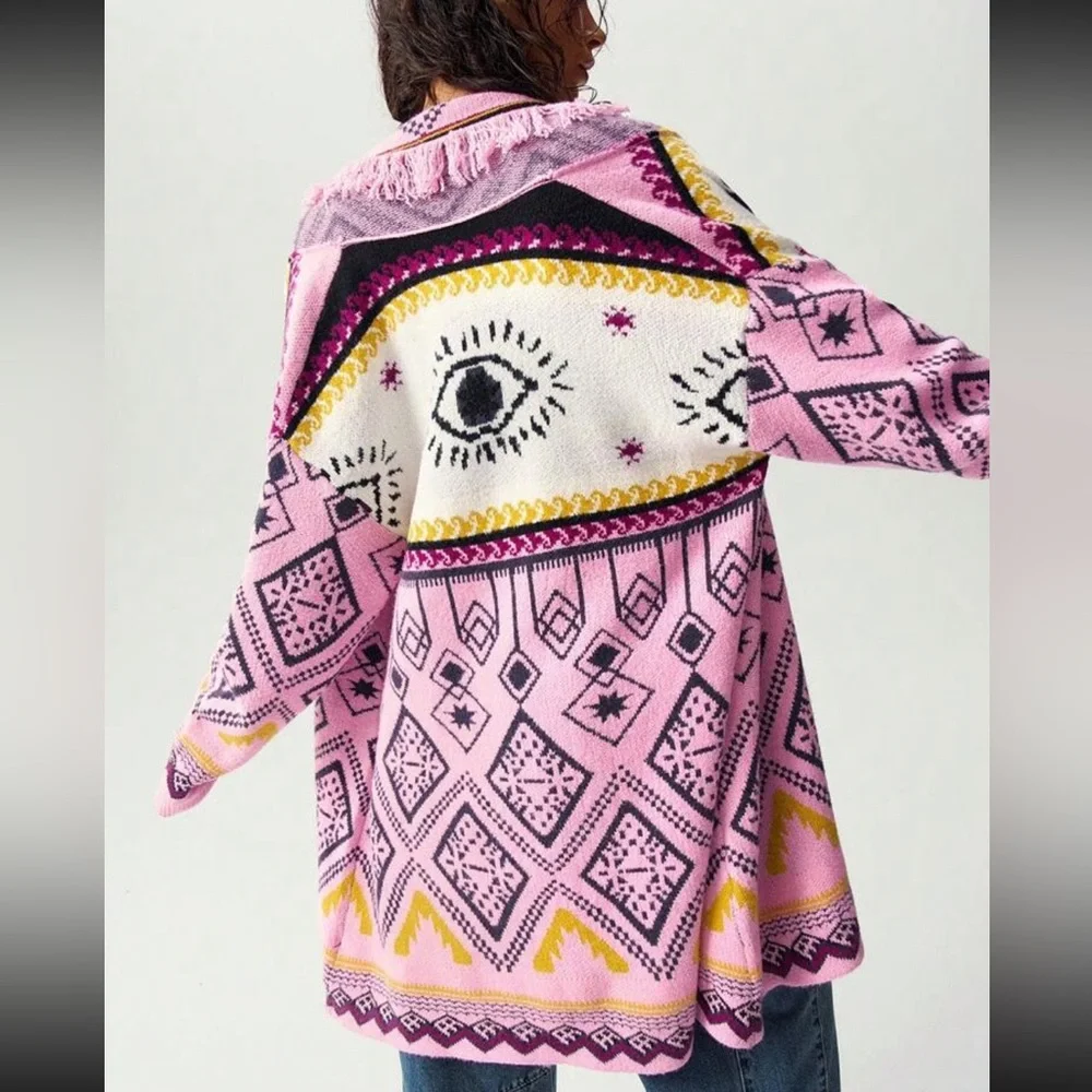Luxe Boho Abstract Aztec Print Fringe Open Front Knit Sweater Cardigan Pink - Picture 4 of 6